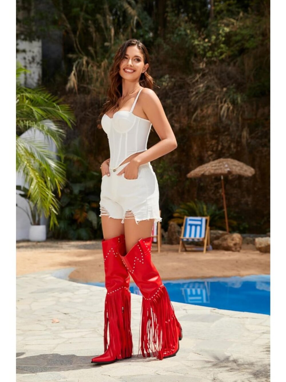 Women's Red Fringe Over Knee Thigh High Western Wide Calf Cowboy Boots - Picture 2 of 6